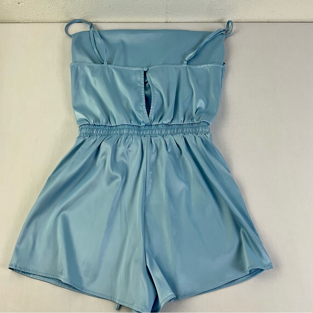 AKIRA women’s blue Slip satin Romper tie-front, elastic waist band Size S NWOT‎ - Picture 6 of 16